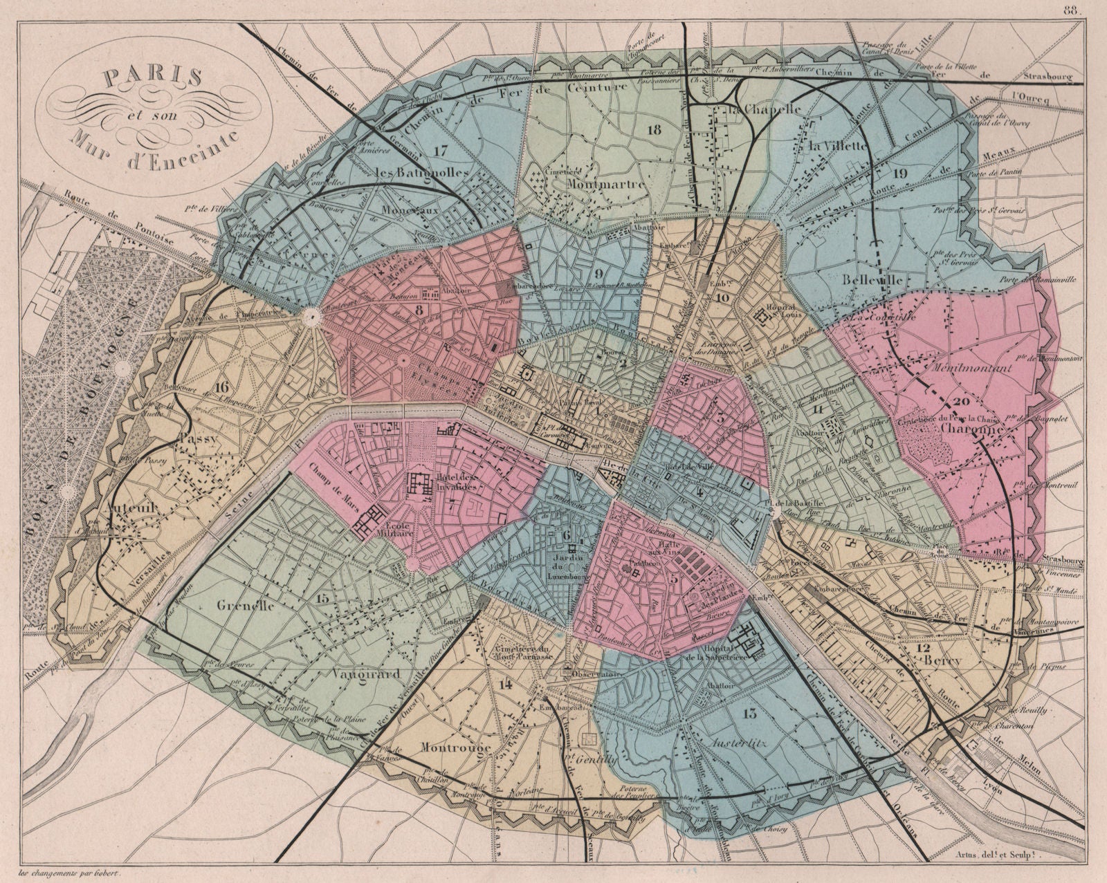 Paris et son Mur d'Enceinte'. City walls & arrondissements. VUILLEMIN 1879 map